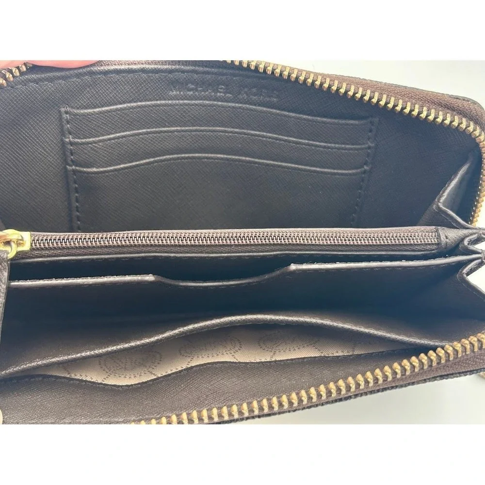Michael Kors Dark Brown‎ Monogram MK Logo Zip Around Wallet Goldtone Hardware